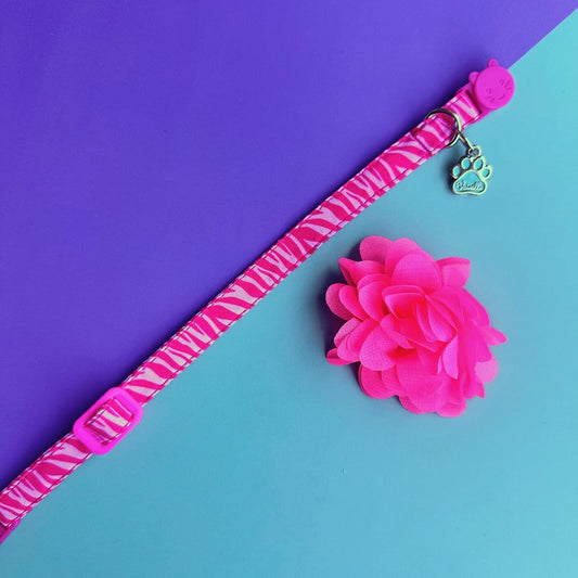 Collar para gatos con flor seda rosado neón - Cebra fucsia