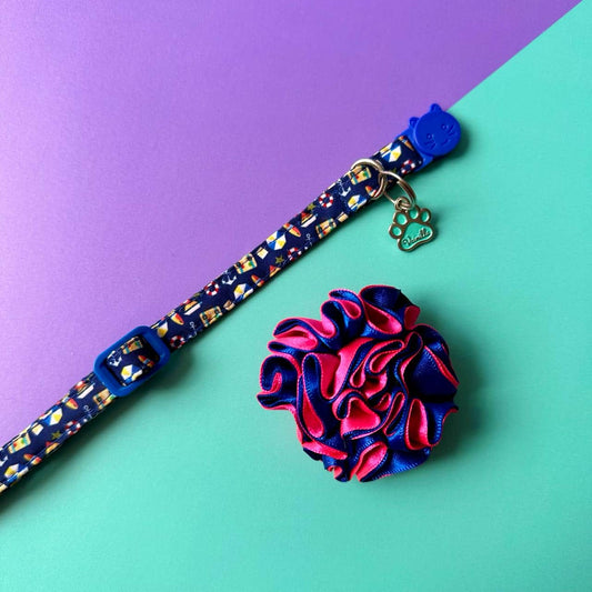 Collar para gatos con flor bicolor fucsia y azul - Playa