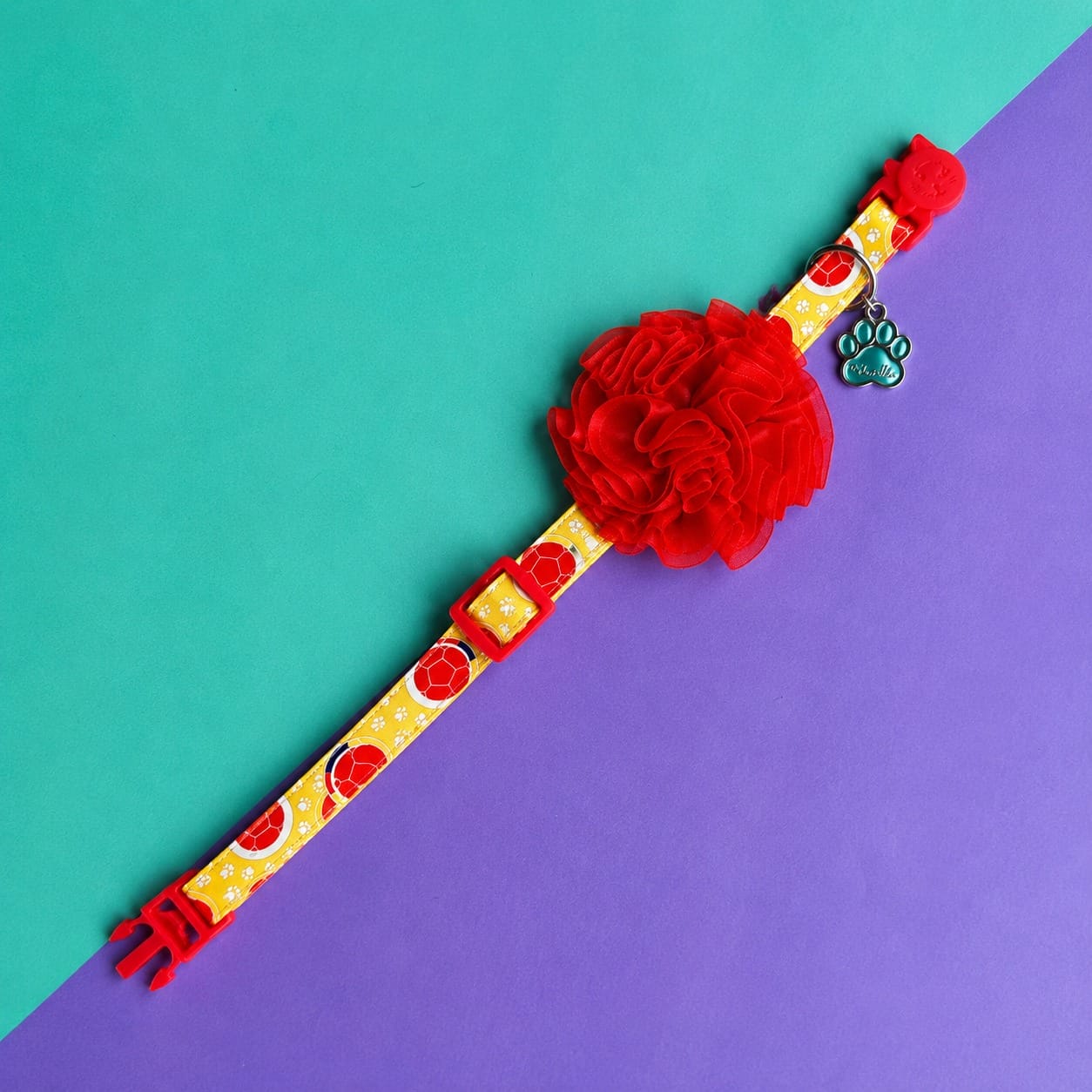 Collar para gatos Selección Colombia con flor tul roja