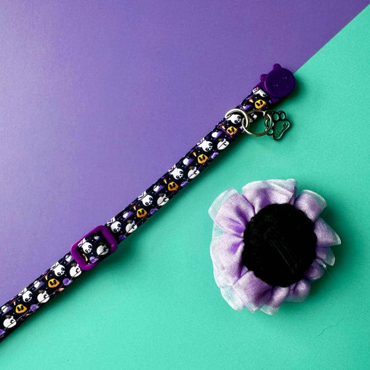Collar para gatos halloween fantasmas con flor tul lila