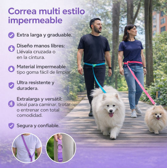 Correa para perros manos libres y extra larga en goma impermeable lila