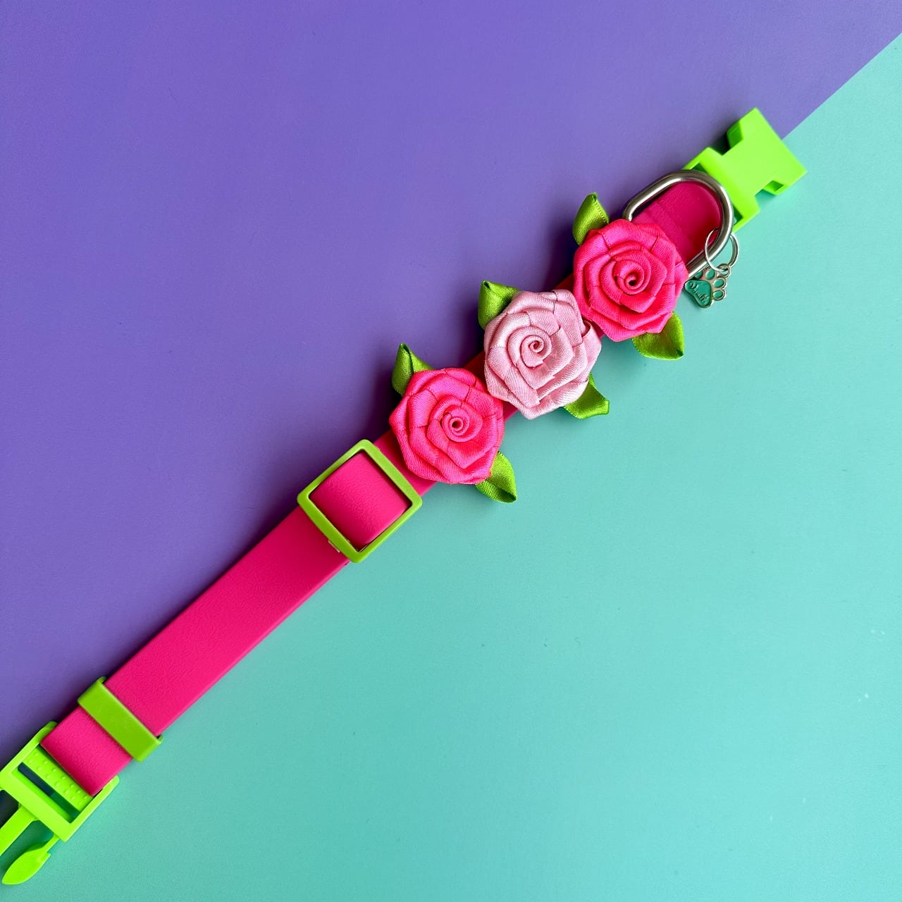 Collar para perros en goma impermeable fucsia y verde neón con rosas