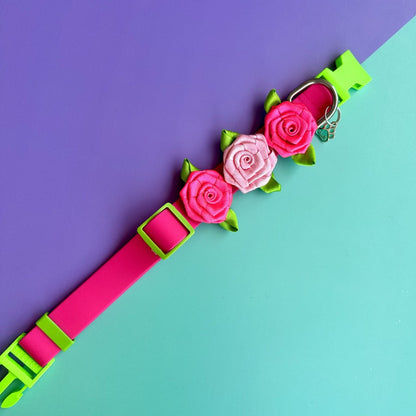 Collar para perros en goma impermeable fucsia y verde neón con rosas