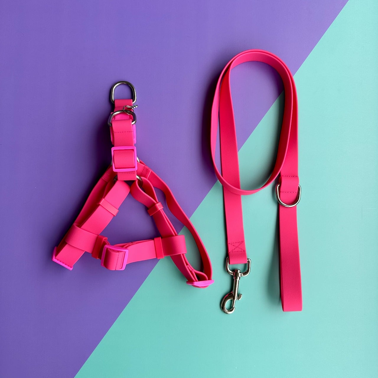 Arnés para perros en goma impermeable fucsia con correa