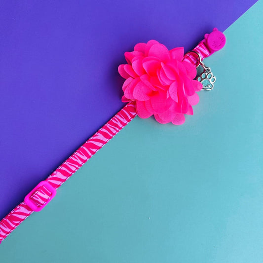 Collar para gatos con flor seda rosado neón - Cebra fucsia
