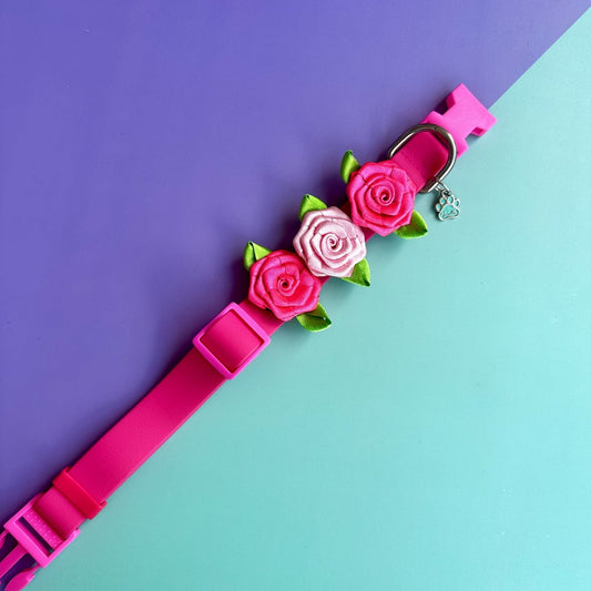 Collar para perros en goma impermeable con rosas fucsia  y rosado