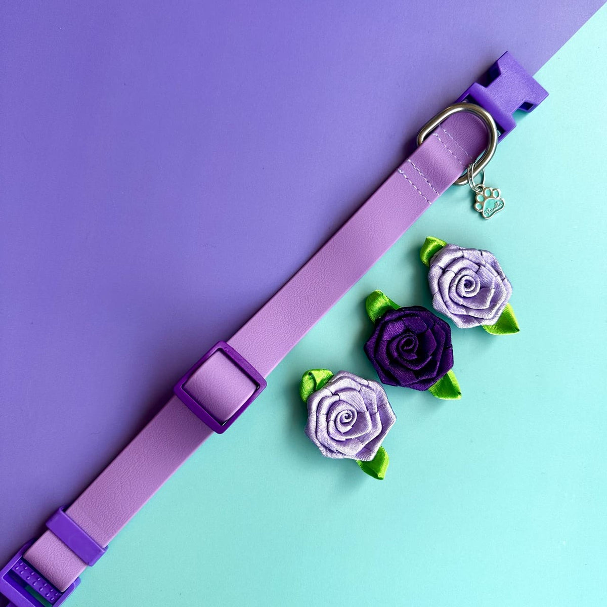 Collar para perros en goma impermeable lila y morado con rosas