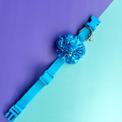 Collar para perros en goma impermeable turquesa con flor tul