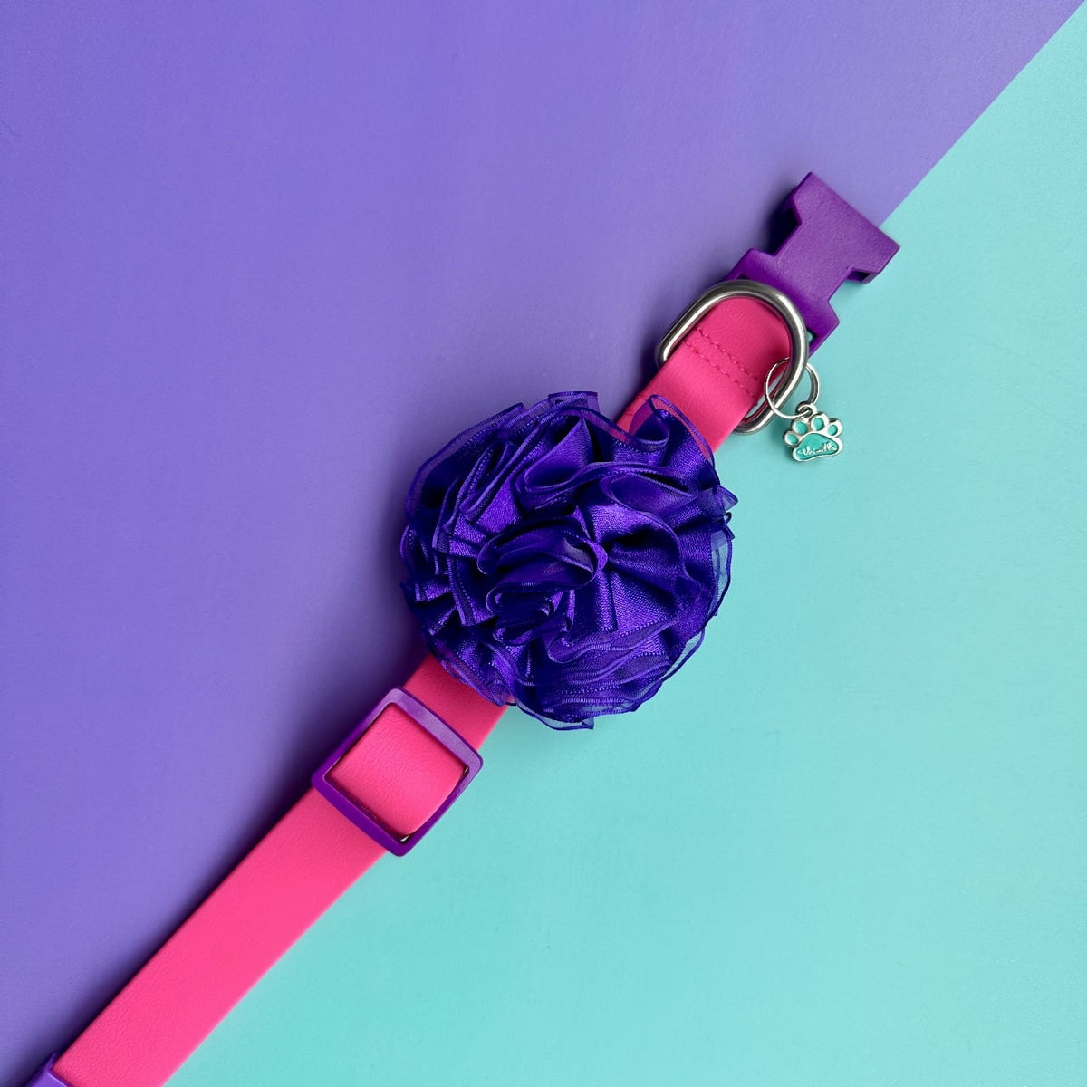 Collar para perros en goma impermeable fucsia y morado con flor tul morada