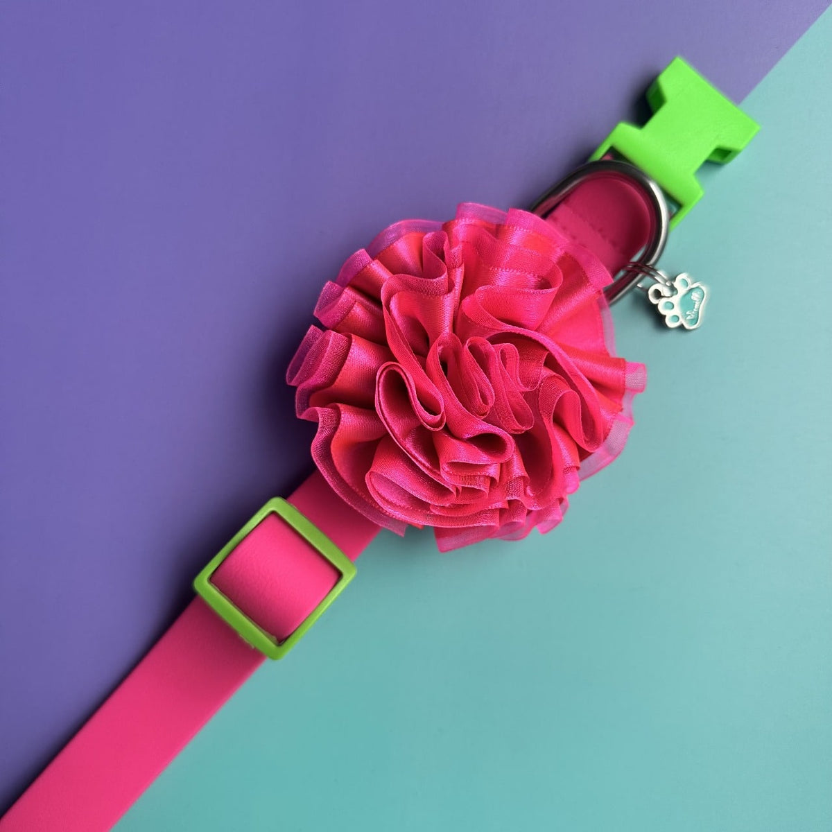Collar para perros en goma impermeable fucsia y verde neón con flor tul fucsia neón