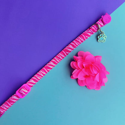 Collar para gatos con flor seda rosado neón - Cebra fucsia