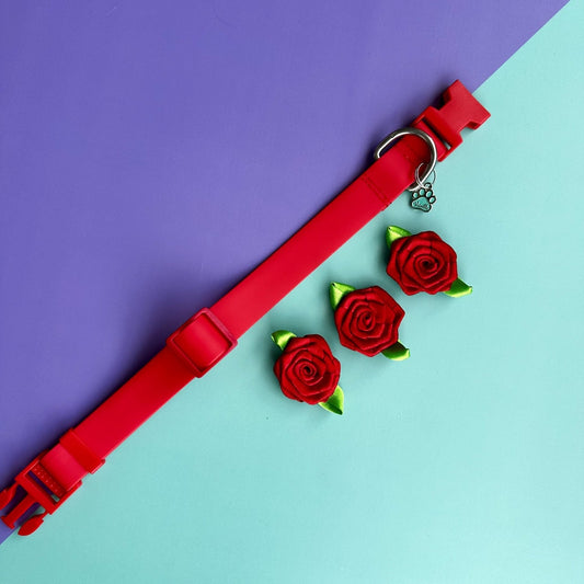 Collar para perros en goma impermeable rojo con rosas