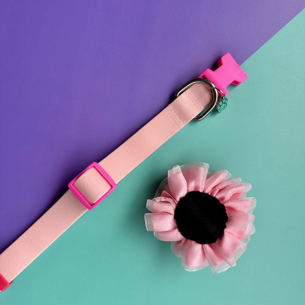 Collar para perros en goma impermeable rosado con flor tul