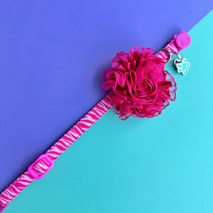 Collar para gatos Cebra fucsia con flor tul fucsia oscuro