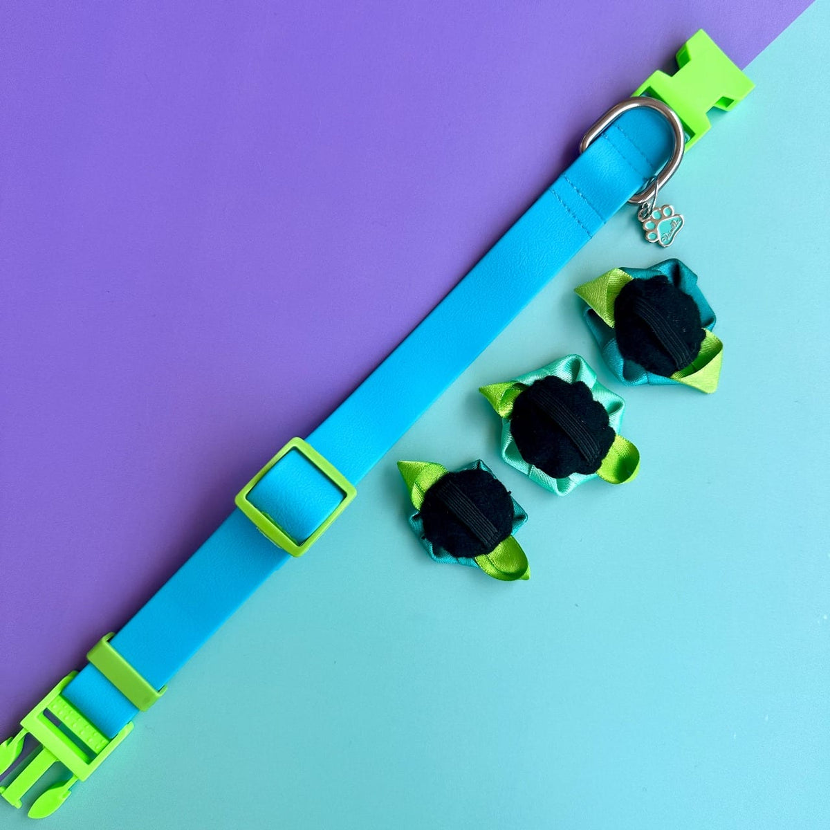 Collar para perros en goma impermeable turquesa y verde neón con rosas