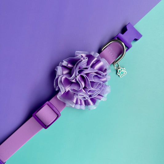 Collar para perros en goma impermeable lila con flor tul lila