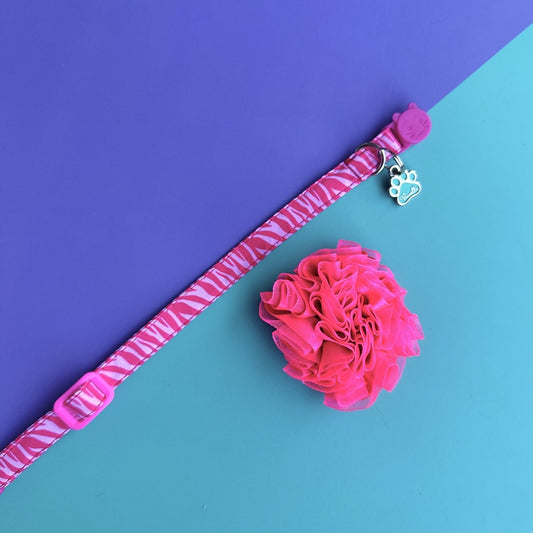 Collar para gatos Cebra fucsia con flor tul fucsia neón