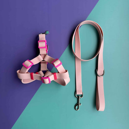 Arnés para perros en goma impermeable rosado con correa