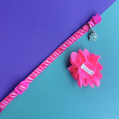 Collar para gatos con flor seda rosado neón - Cebra fucsia