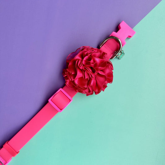 Collar para perros en goma impermeable fucsia con flor tul fucsia oscuro