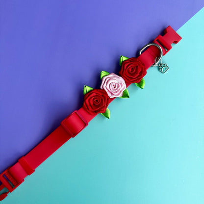 Collar para perros en goma impermeable rojo y rosado con rosas