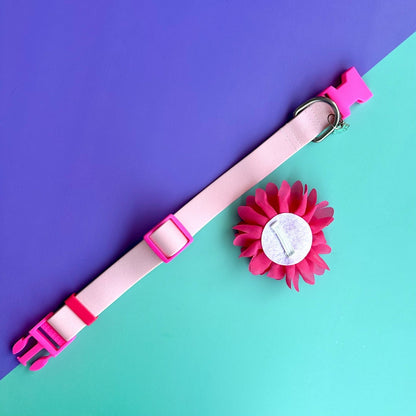 Collar para perros en goma rosado con flor seda