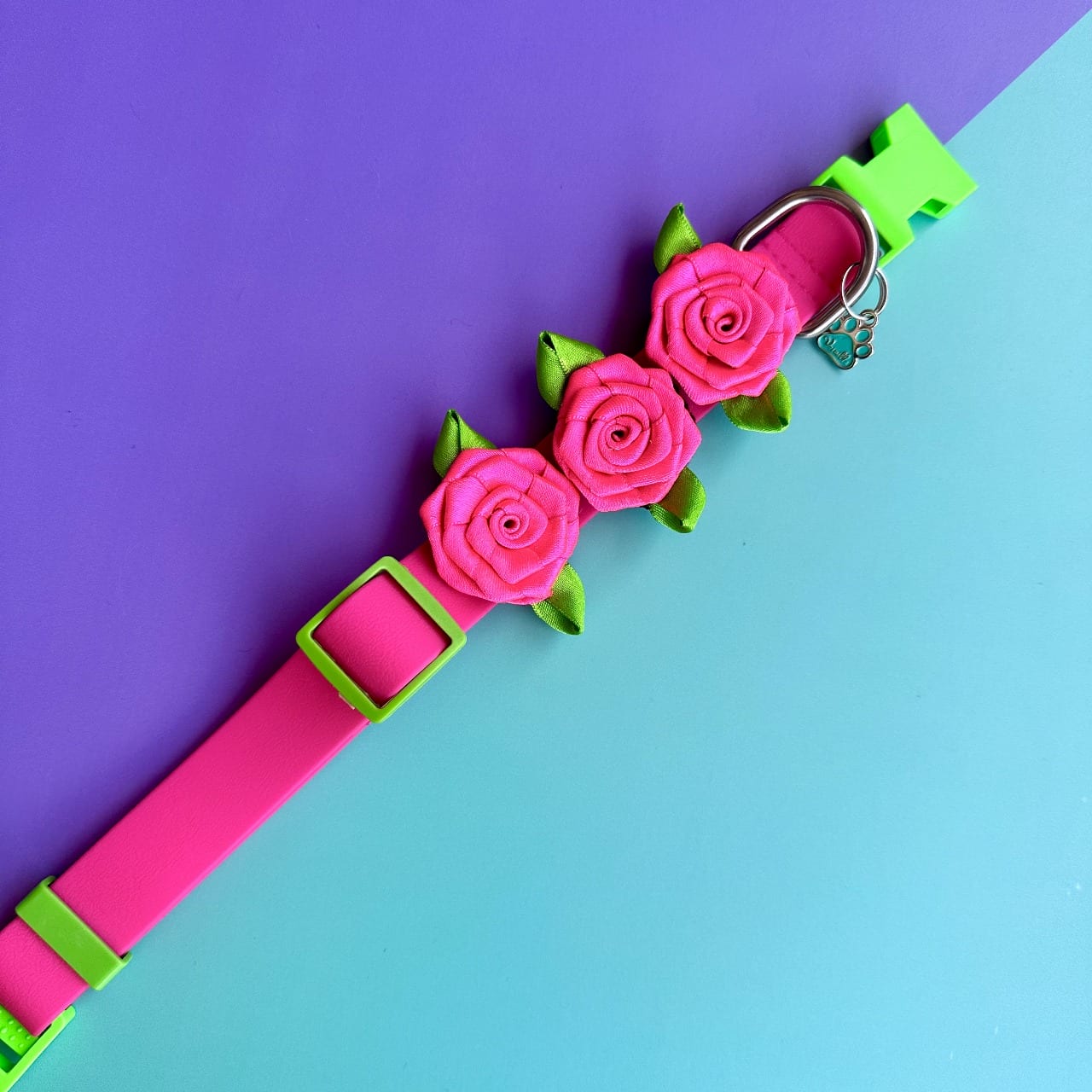 Collar para perros en goma impermeable fucsia y verde neón con rosas 2