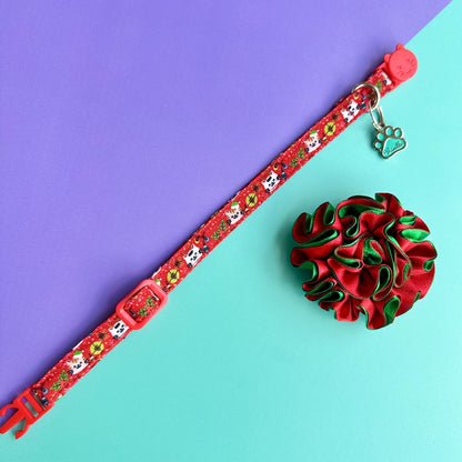 Collar para gatos con flor bicolor de Navidad gatuna