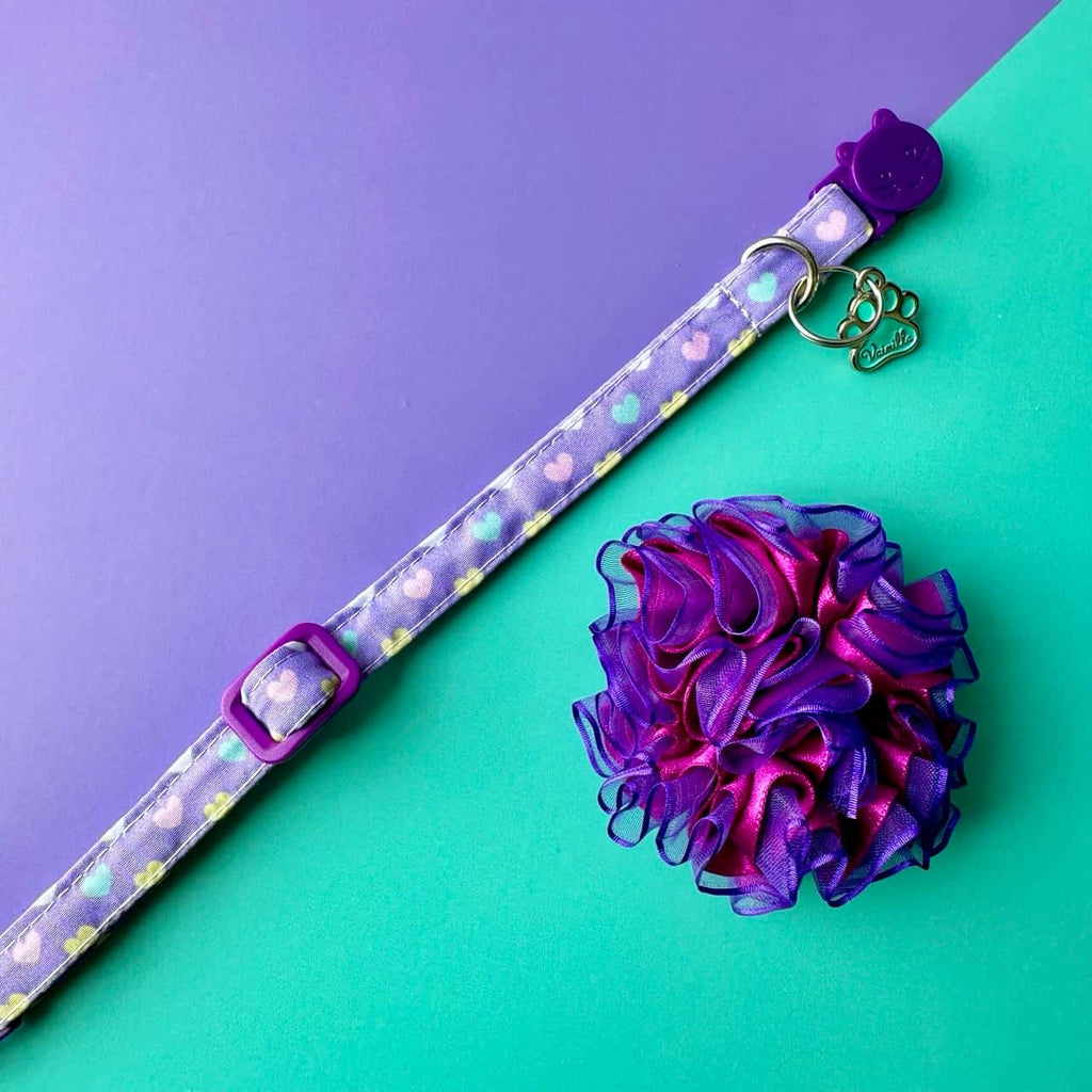 Collar para gatos Corazones con flor tul morada