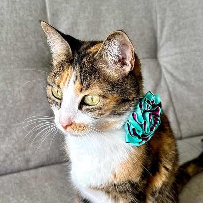 Collar para gatos con flor bicolor morado y aguamarina