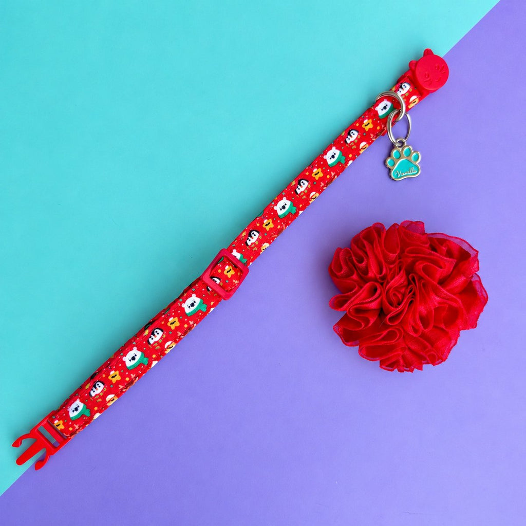 Collar Magia Polar Roja para gatos y flor tul desmontable