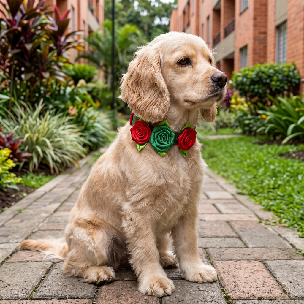 Perrita con collar de rosas de Navidad Cascanueces