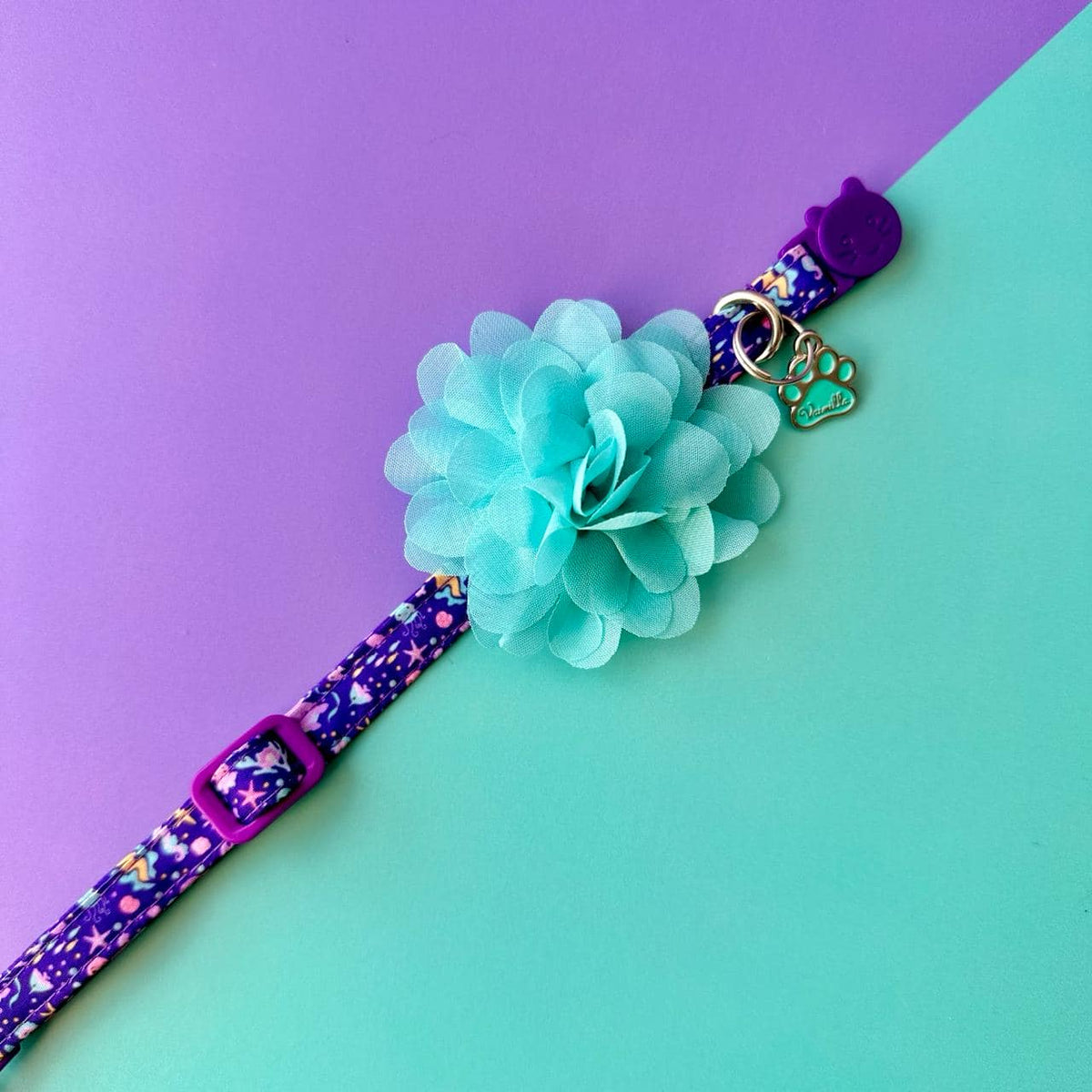 Collar para gatos con flor seda aguamarina - Océano