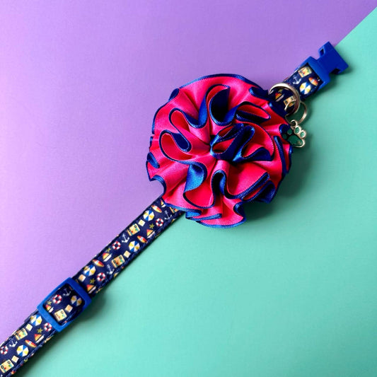 Collar para perros con flor bicolor fucsia y azul - Playa