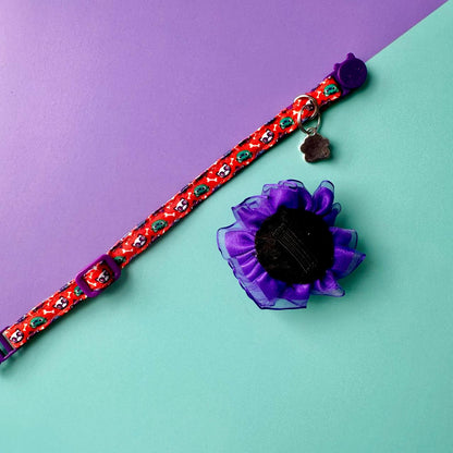 Collar para gatos halloween gatuno con flor tul morada