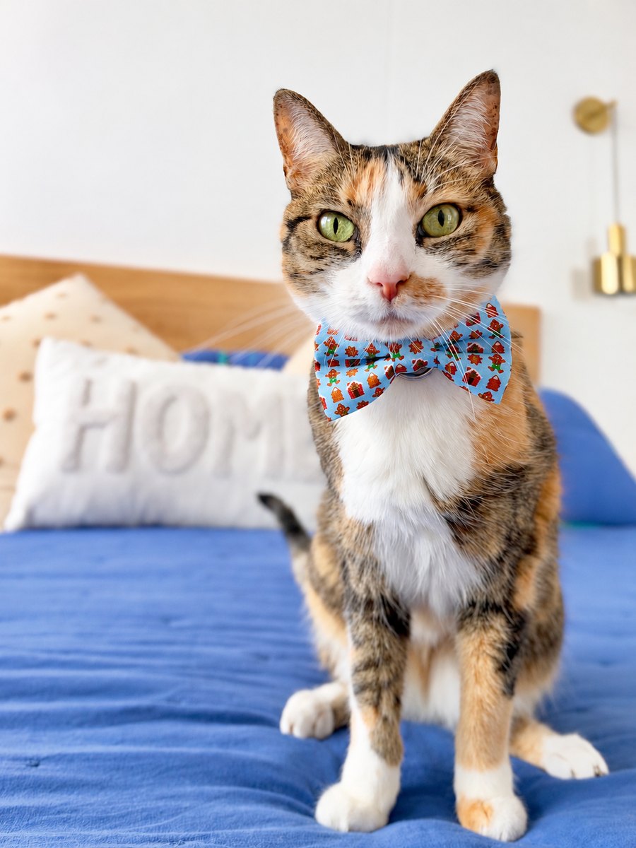 Gatita tricolor con corbatín azul Dulce Navidad