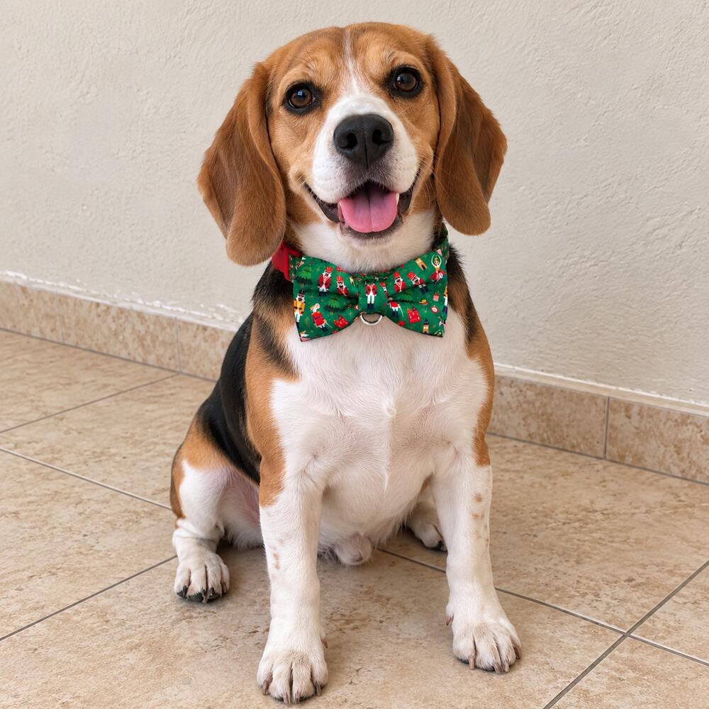 Perro beagle usando el corbatín para perro de Navidad Cascanueces