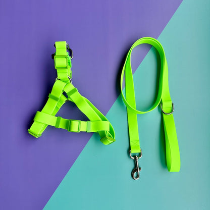 Arnés para perros en goma impermeable verde neón con correa
