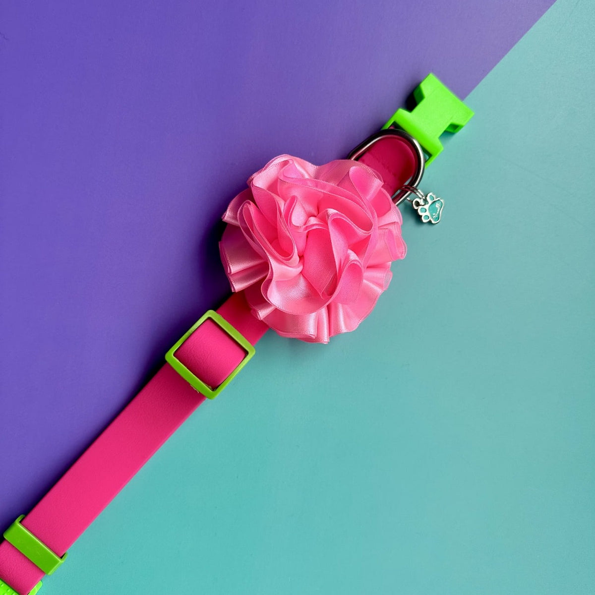 Collar para perros en goma impermeable fucsia y verde neón con flor tul rosado neón
