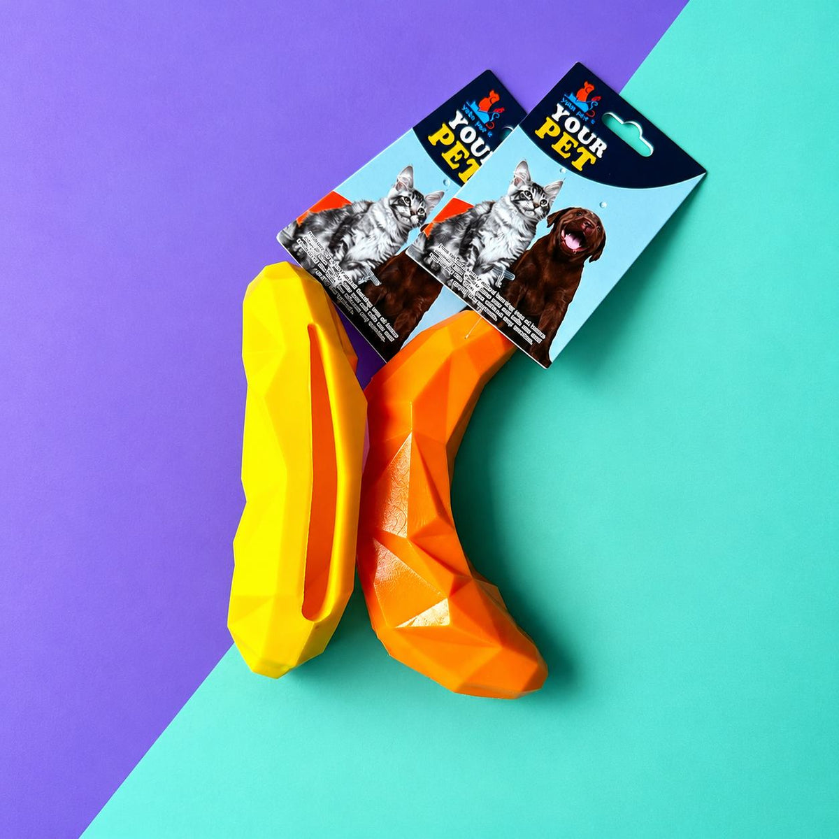 Juguete banana dispensador de premios para perros y gatos en amarillo y naranja