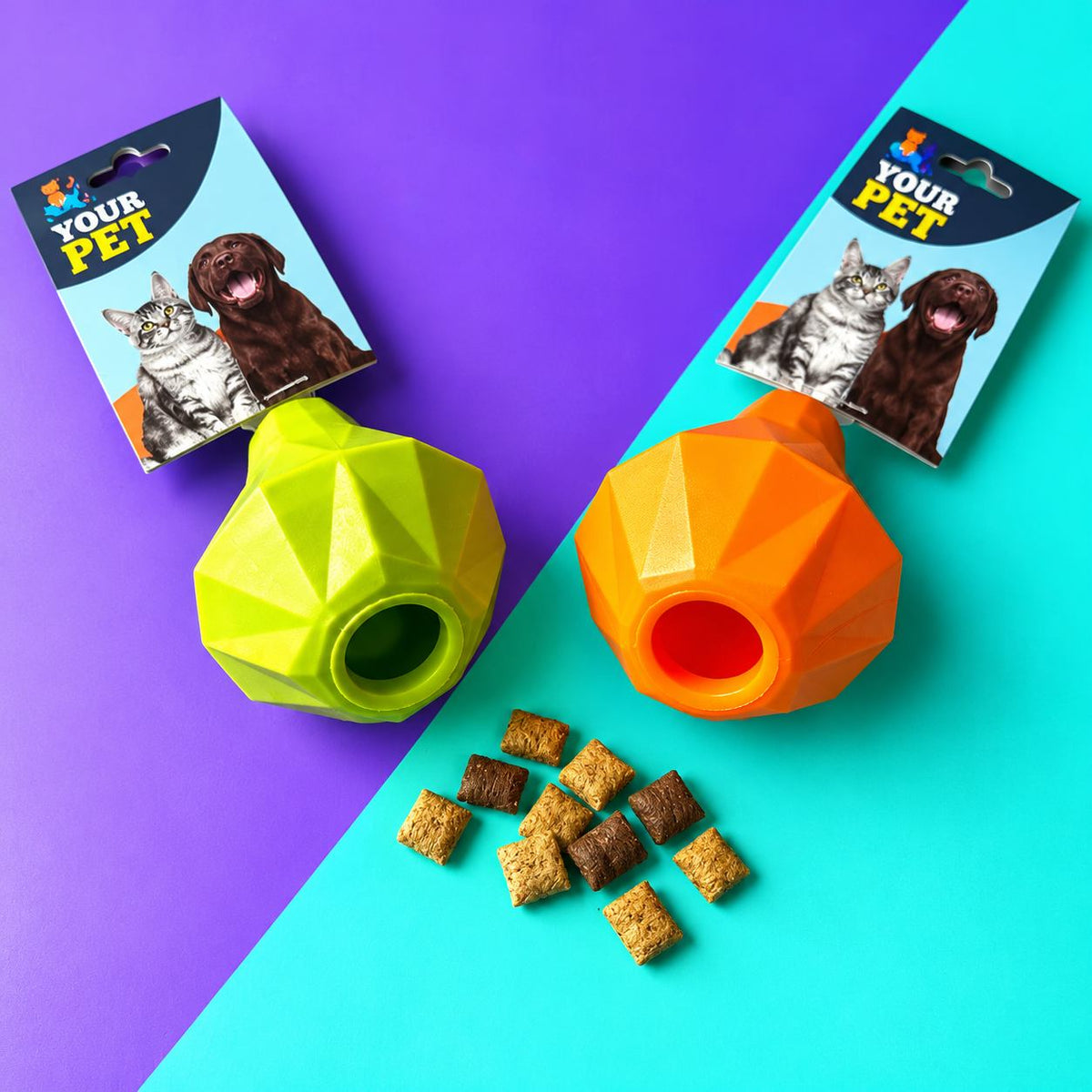 Juguete pera dispensador de premios verde y naranja con snacks para perros y gatos