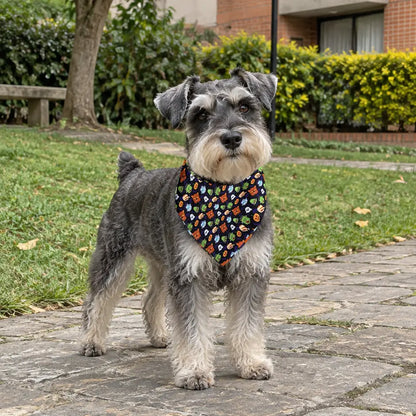 Schnauzer usando pañoleta Halloween Monstruos en una zona verde residencial