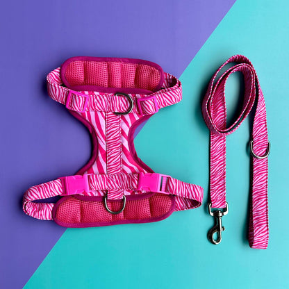 Pechera para perros antitirones cebra fucsia con correa
