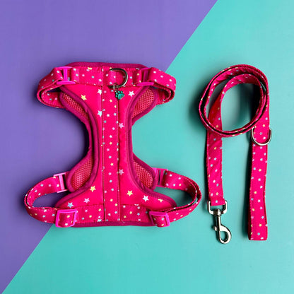 Pechera para perros antitirones estrellas fucsia con correa