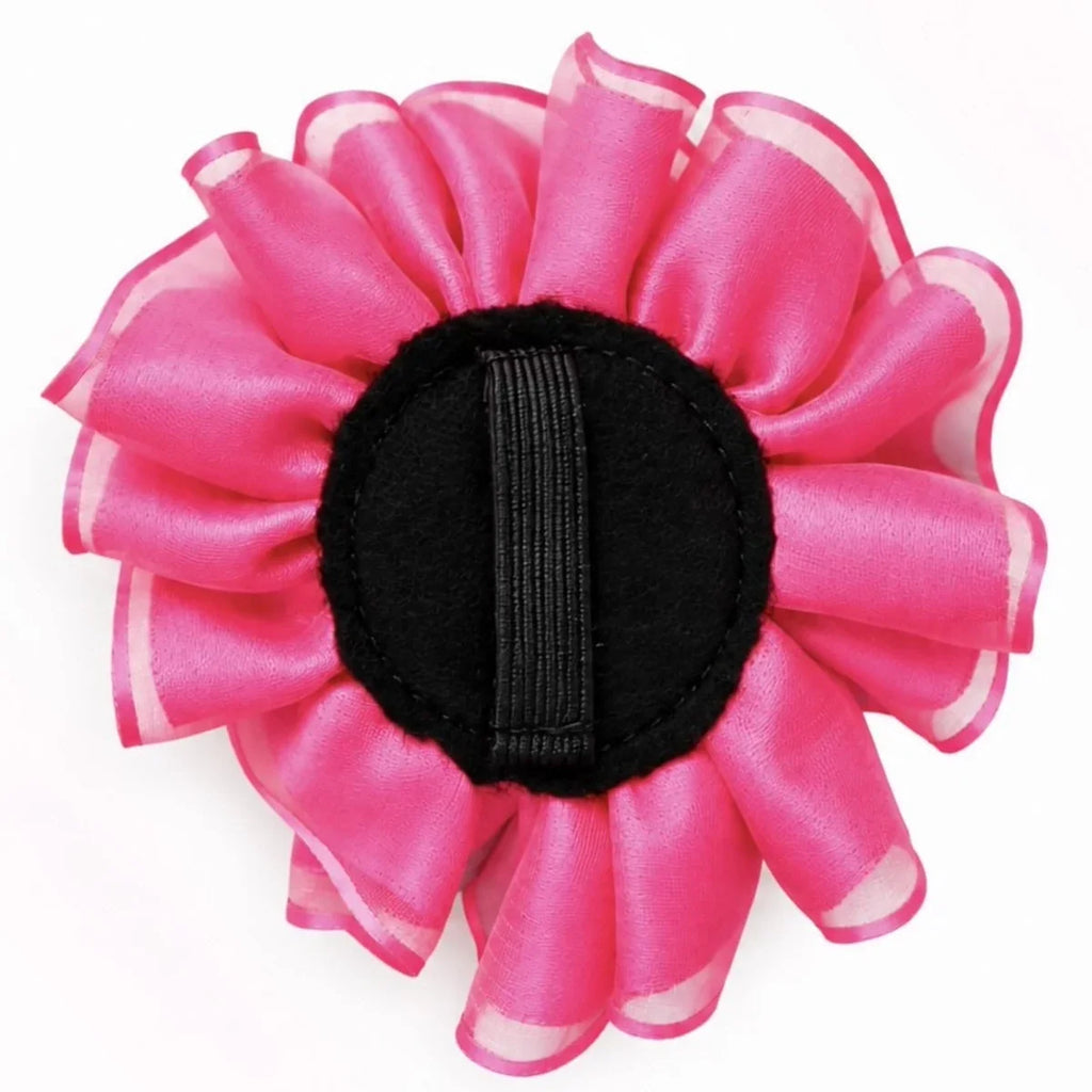 Parte de atrás de la flor tul con el elástico para ponerla en el collar del gato